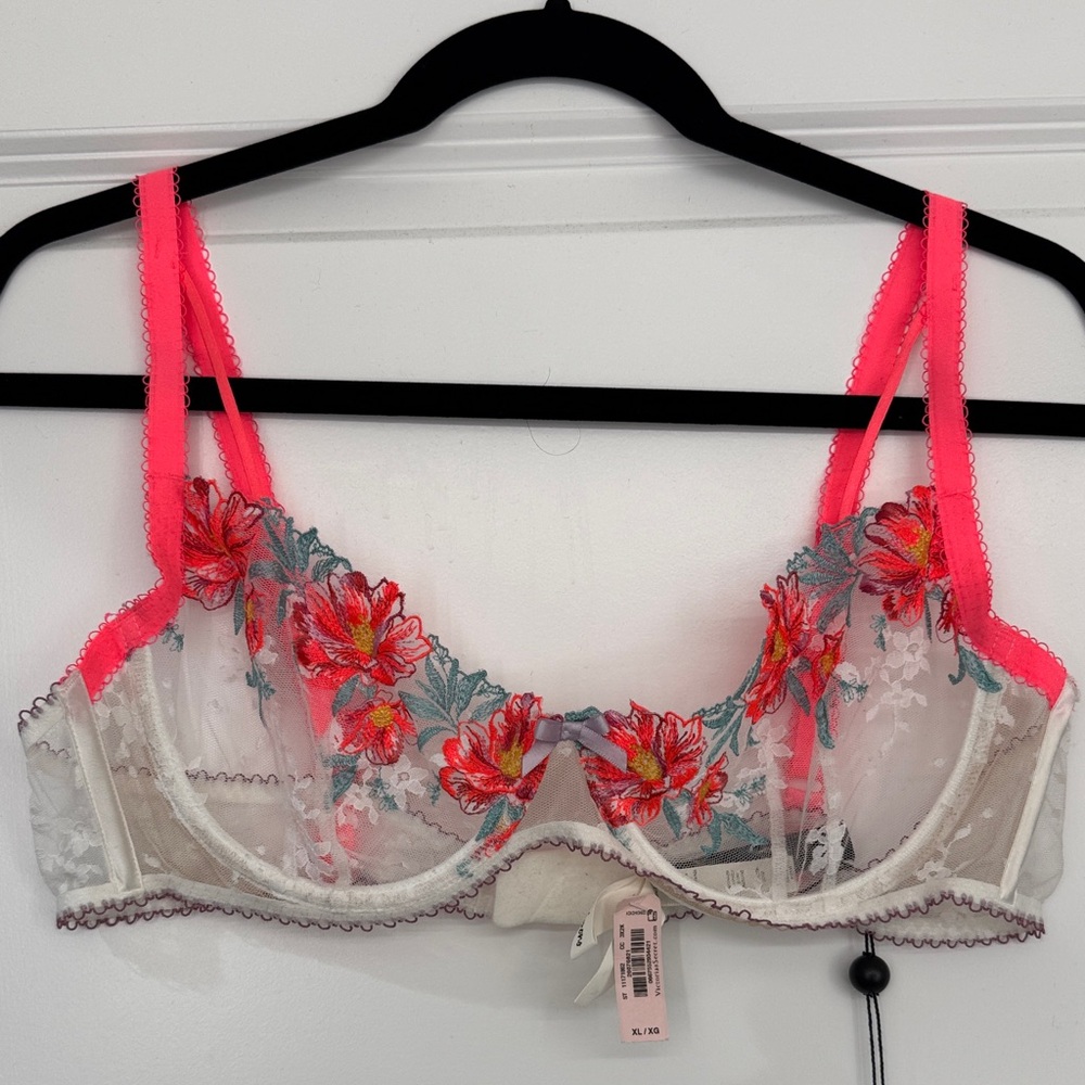 For Love And Lemons X VS Floral Embroidered Bra with Neon Pink Straps NWT